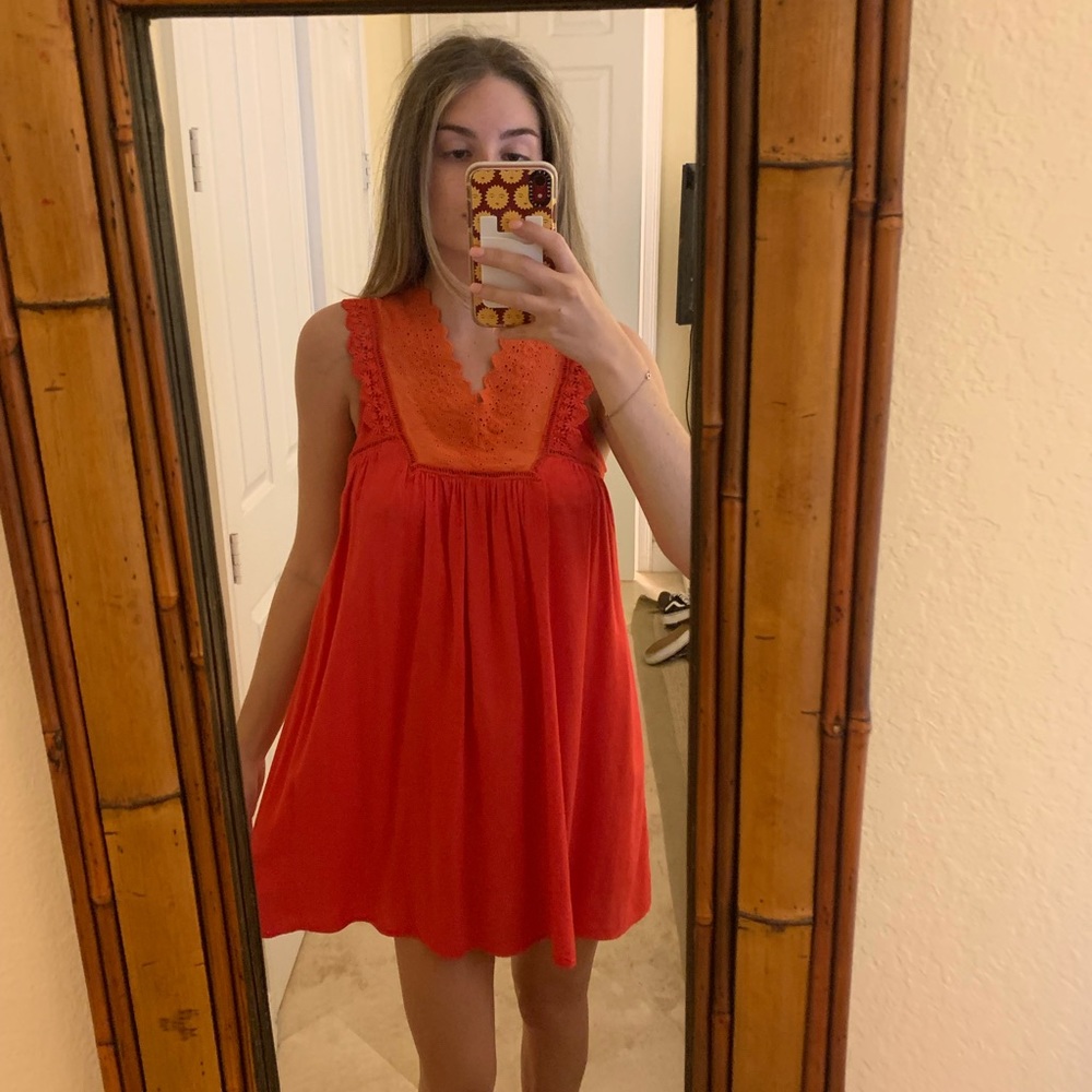 Red and orange dress with lace detail